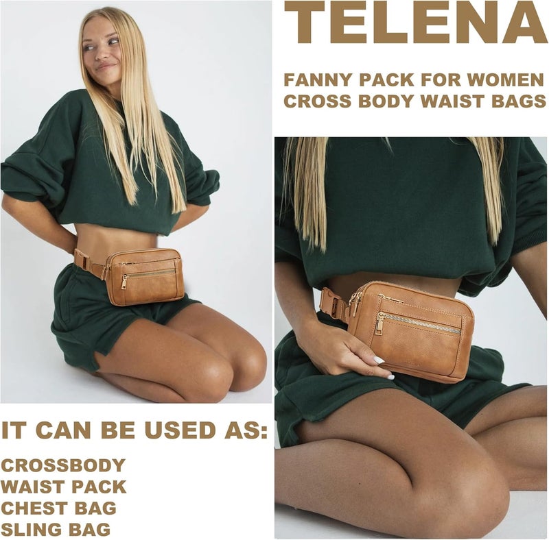 Telena Fanny Packs for Women Cross Body Bag Leather Belt Bag Fashionable Waist Bag with Adjustable Strap Camel Brown - Image 2